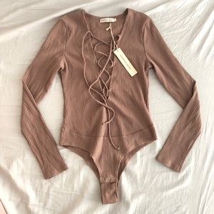 NEW TAN NUDE LACE UP LONG SLEEVE BODYSUIT S